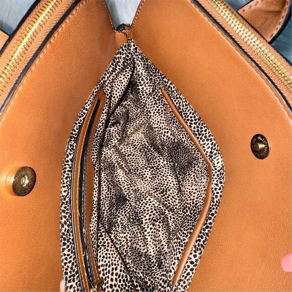 Women's Spacious Brown Structured Satchel Bag Purse with Leopard Print Lining - Picture 4 of 9